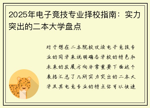 2025年电子竞技专业择校指南：实力突出的二本大学盘点